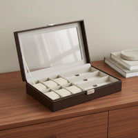 Watch and Glasses Storage Box Soft Cushioned Slots 6 Slot Watch Display Case Clear View Lid PU Leather Jewelry Organizer for Closet