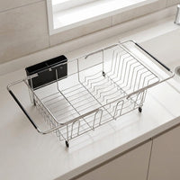 Kitchen Sink Rack, Expandable Over Sink Dishware Organizer, Modern Stainless Steel Rack and Kitchen Sink Organizer with Handy Cutlery Holder