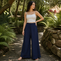 Women's Tencel Linen Cotton Blend Wide-Leg Pants with Ruffle Trim