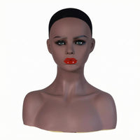 Manikin Head with Shoulders PVC Mannequin Head Bust Brown Complexion-Tone Hairpiece Stand