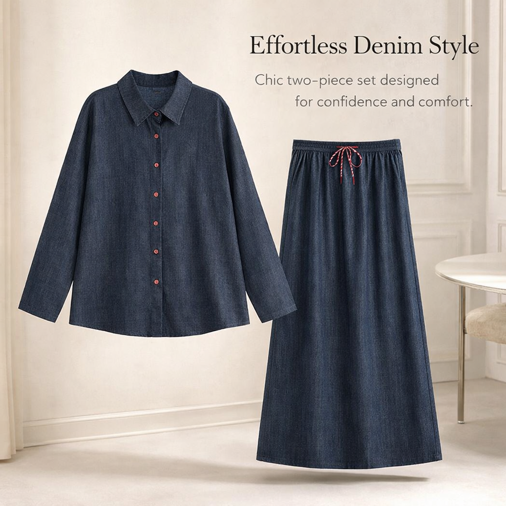 Long Skirt Denim Two Piece Set with Button Front Cardigan for Casual Wear, Stretch Spandex Blend with Pleated Details