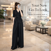Women's Summer Travel Outfit and Airport Set, Plus Size Two-Piece with Long Pants, Slimming Shirt and with Waist Tie, Polyester Regular Sleeve Design