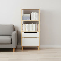 Small Footprint Slim Bookcase Solid Wood Legs Tall Wooden Storage Unit Nordic Design Narrow Bookshelf with Drawer for Home Office