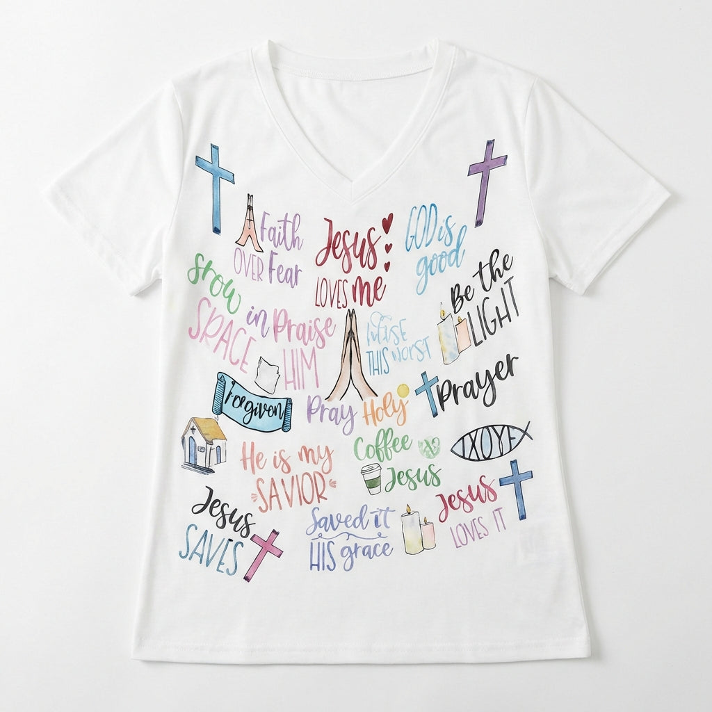 Women's Short-Sleeve T-Shirt V-Neck Easter Casual Loose Shirt