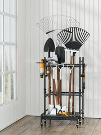Garden Tool Straight Hook Storage Rack with Wheels, 3-Tier Carbon Steel Organizer