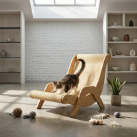 2-in-1 Design Cat Scratcher Lounge Chair Slanted Backrest Cat Chaise Scratcher Natural Wood Tone