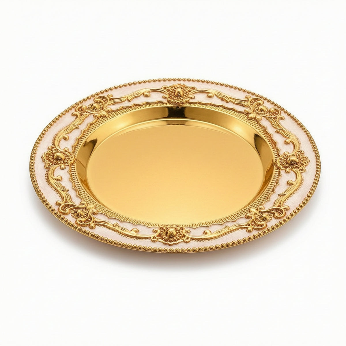 Round Tray with Embossed Rim Vintage-Inspired for Candle Display