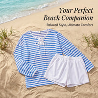 Swimsuits for Women, Striped Long Sleeve with Padded Bra for Water Sports, Conservative Two Piece for Older Ladies