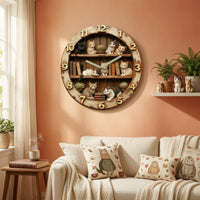Wood-Look Cat Wall Clock Rustic Wall Clock with Arabic Numerals Vintage Pastoral for Book Lovers, Living Room, Reading Corner, Home Office