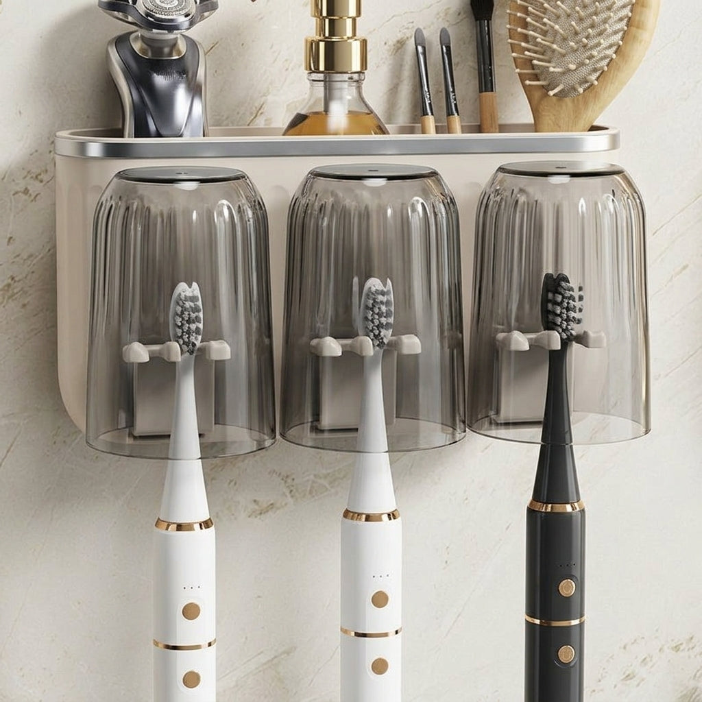Wall Mounted Toothbrush Holder No Drill, Automatic Toothpaste Dispenser Toothbrush Holder Set, Toothbrush Rack for Family Sink Organizer Countertop