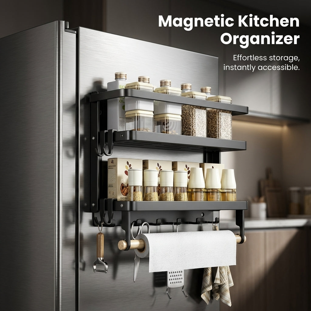 Cabinet Fridge Organizer, Foldable Carbon Steel Refrigerator for Dorm Room Students, No-Drill Side Rack with Hooks, Multi-Layer Kitchen Storage Shelf