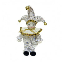 Ceramic-Style Head Jester Doll Ruffled Collar Jester Figurine Gold-Tone Bells Ornament Doll White Gloves for Gift Item