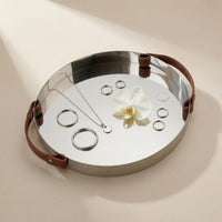 Leather Handled Tray Stainless Steel Mirrored Tray Shallow Rim Serving Platter for Tabletop Display