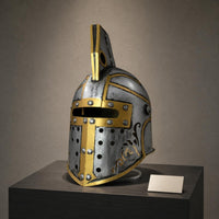 Raised Crest Spartan Helmet Statue Silver and Gold Antique-Style Helmet Ornament Distressed Finish Perforated Panels for Home Display