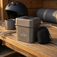 2 Pieces Folding Handles Square Camping Pot Matte Gray Nesting Cookware Set Mesh Storage Pouch Aluminum Camping Cookware Compact