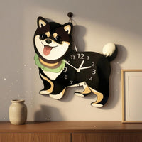 Swinging Tail Shiba Inu Clock Printed Numerals Decorative Dog Clock Glossy Face Home Decor Cute for Living Room, Pet Shop