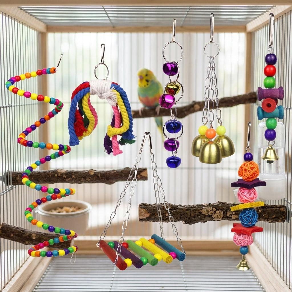 Parrot Toy Set with Bird Cage Perch, Swing and Ladder, Colorful Wood Gnaw Blocks for Fun Enrichment, Hanging Decor for Parakeets Cockatiels