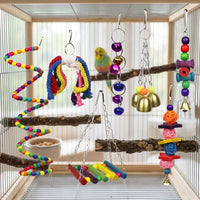 Parrot Toy Set with Bird Cage Perch, Swing and Ladder, Colorful Wood Gnaw Blocks for Fun Enrichment, Hanging Decor for Parakeets Cockatiels