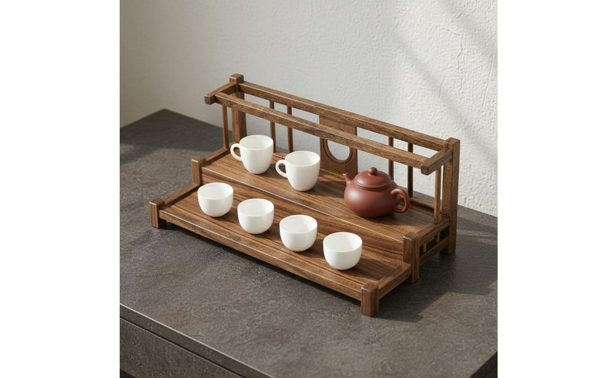 Black Walnut Tea Display Stand Solid Wood Wooden Tea Set Organizer Space Saving Wooden Teacup Rack for Living Room, Kitchen, Office