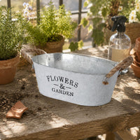 Brushed White Vintage Metal Flower Pot Sturdy Handles Galvanized Oval Planter Oval Metal Planter
