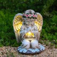 Praying Angel Statue with Solar Lights Lighted Solar Angel Statue Kneeling Ornament Stone-Like for Lawn, Patio, Flower Bed
