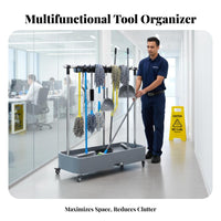 Stainless Steel Frame Mobile Mop and Broom Holder Water Collection Tray Mobile Broom and Mop Holder Single-Key Drainage Rolling Cleaning Tool Organizer Heavy Duty for Janitors, Commercial, Hospital, School, Garage