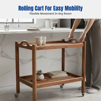 Walnut Wood Side Table, Mobile Tea Trolley, Sturdy Wood, Rolling Cart for Living Room, Storage Cabinet