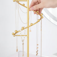 Gold-Toned Jewelry Stand with Spiral Branch Decorative Necklace Holder with Round Base Metal Necklace Holder Countertop for Vanity, Dresser, Bedside Table