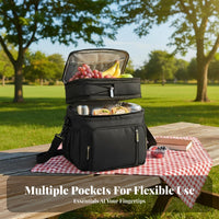 Large Capacity two Compartment Insulated Bag spill-resistant seamless interior lining two Compartment Food container Detachable Shoulder Strap chiller Tote for Outdoor lovers, Office Workers, al fresco meal, Camping, journey journey, School