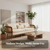 Nordic Design Rattan Panel Sofa sturdy Wood Frame Rattan side Sofa Woven detailing Lounge Seating Padded pillows for Interior Designers, Apartment Dwellers, Homeowners, Living Room, Sunroom, book corner corner, Reception Area
