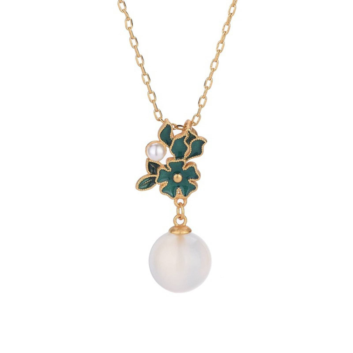 White Chalcedony Drop Necklace Chinese Chic Design Enamel Flower Necklace