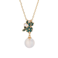 White Chalcedony Drop Necklace Chinese Chic Design Enamel Flower Necklace