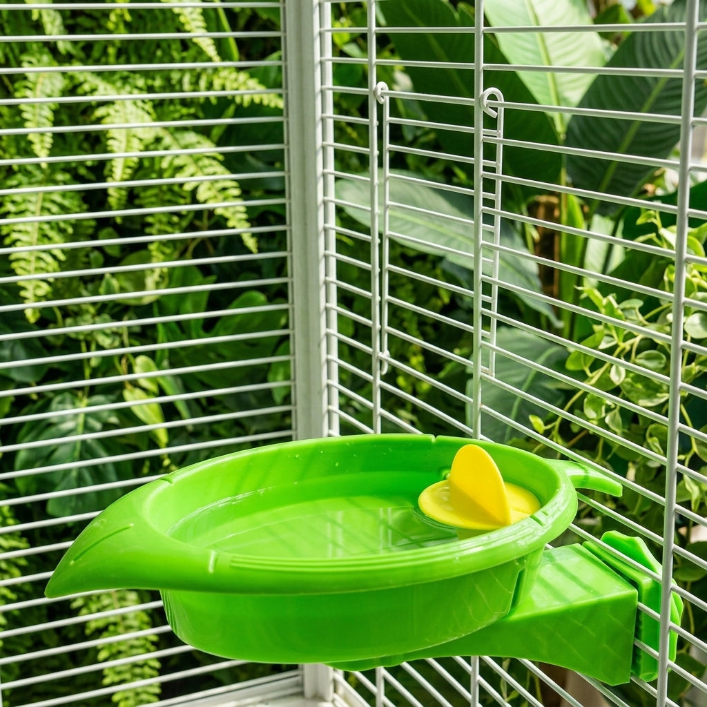 Flower Mirror Stand with Food Box, Wooden Bird Feeding Station and Parrot Bath Tub