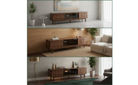Solid Wood TV Cabinet with Glass Doors Black Walnut TV Stand with LED Light Lighted Media Console Mid-Century for Living Room
