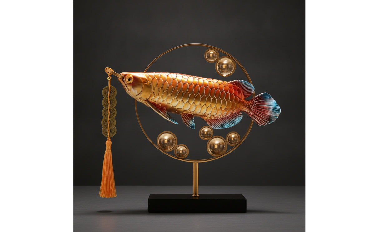 Feng Shui Arowana Creature Ornament Auspicious Arowana Sculpture with Tassel Fortunate Creature Statue with Base Golden for Business Owners