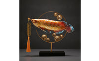 Feng Shui Arowana Creature Ornament Auspicious Arowana Sculpture with Tassel Fortunate Creature Statue with Base Golden for Business Owners