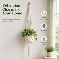 Macrame Plant Hanger, Handmade Rope, Pale Neutral Bohemian Hanging Planter with Hooks, Indoor Outdoor Decor