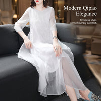Long Dress for Women Chinese Cheongsam with Embroidered Details, Sheer Fabric Qipao Style for Wedding Guest and Party