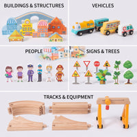 90 Pieces Wooden Train Set Diy Wooden Railway Set Toy Train Track with Accessories Non Playset BPA-Safe for Children, Playroom