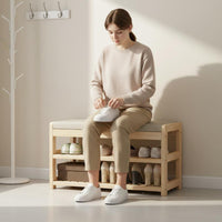 Multi-Functional Shoe Changing Stool with Coat Hanger Solid Wood Coat Rack with Shoe Storage Space Saving Household Furniture Heavy Duty for Hallway