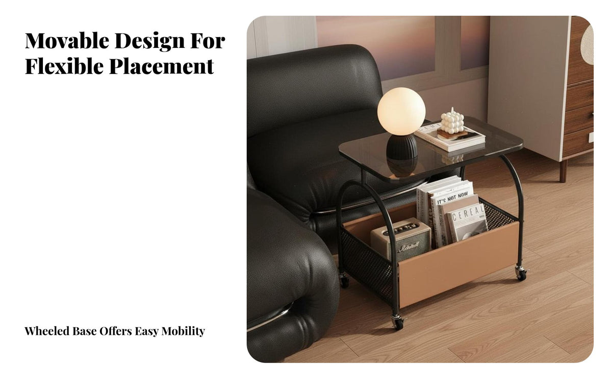 Space-Saving Rolling Side Table Versatile Glass Top End Table Metal Frame Mobile Nightstand Sturdy Construction for Apartment Dwellers, Office Workers, Living Room, Bedroom, Balcony, Bathroom