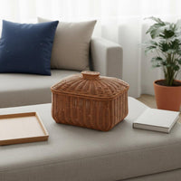 Multi-Purpose Rattan Design Storage Basket with Lid Handwoven Imitation Rattan Lidded Bin Long-Lasting Construction for Kitchen, Bedroom