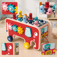 Fine-Motor Wooden Elephant Toy with Hammer Educational Whack-Acritter Toy with Wheels Interactive Wooden Activity Cart with Gears Toddler for Toddlers, Young Children, Playroom, Daycare
