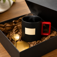 Custom Logo Black Gold Ceramic Mug with Stirring Rod and Vertical Stripes for Valentine's Day