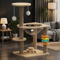 Space Capsule Cat Bed Wood Climbing Frame with Turntable Toy, Multi Level Activity Center for Adult Indoor Cats, Kittens Pets Density Board