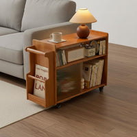 Solid Wood Construction Sofa Side Storage Cart Modern Design Rolling Side Table Built-in Magazine Rack Wooden Mobile Shelf Fluted Glass Accent for Small Areas
