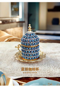 土耳其进口蓝眼咖啡杯恶魔之眼宫廷风铜金属金色银色镶钻水杯套装