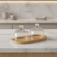 Glass Cloche Wooden Base Food Safe Materials Glass Dome Serving Tray Dessert Cloche Display Set Multipurpose Use for Cafe Owners