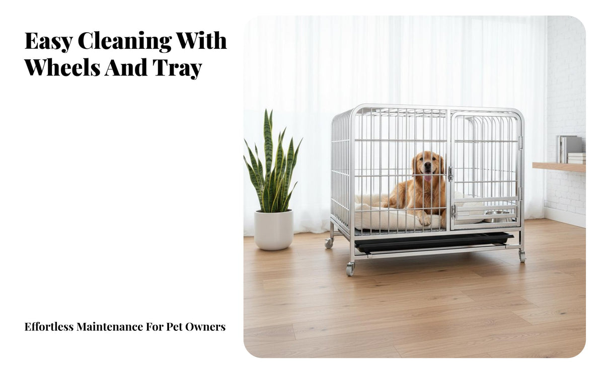 Heavy Duty Dog Cage Easy to Clean Removable Tray Heavy Duty Dog Crate Secure Latching System Steel Pet Cage with Wheels for Medium Dogs, Outdoor
