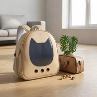 Khaki Cat Ear Backpack Carrier Mesh Pockets Clear Front Pet Backpack Ventilation Holes for Transport